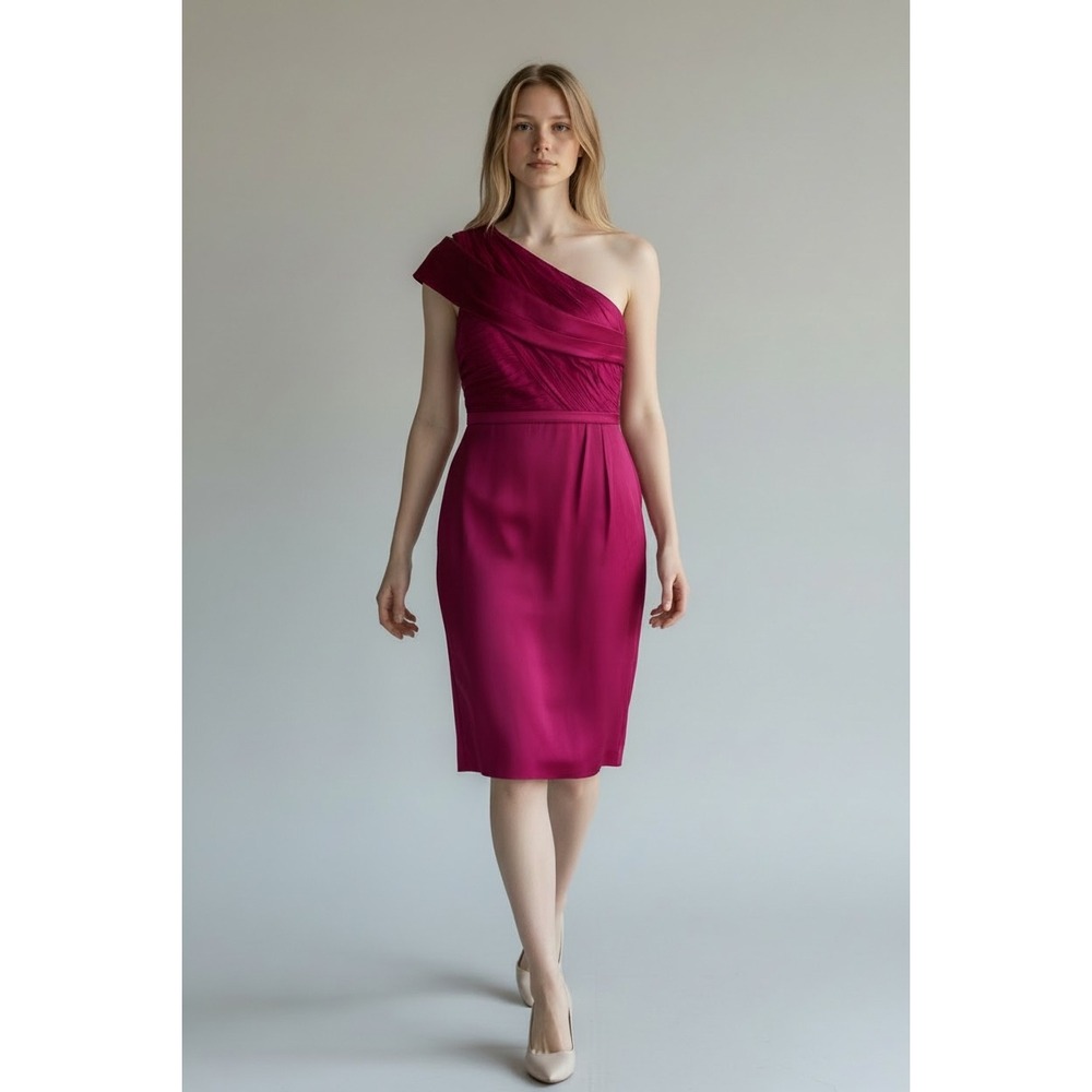 NWT Kay Unger One Shoulder Cocktail Dress Women Size 6 Fuchsia Silk